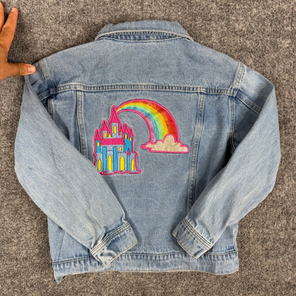 Disney Denim Jacket Girls Size 9/10 Light Wash Rainbow Castle Patch Flounder